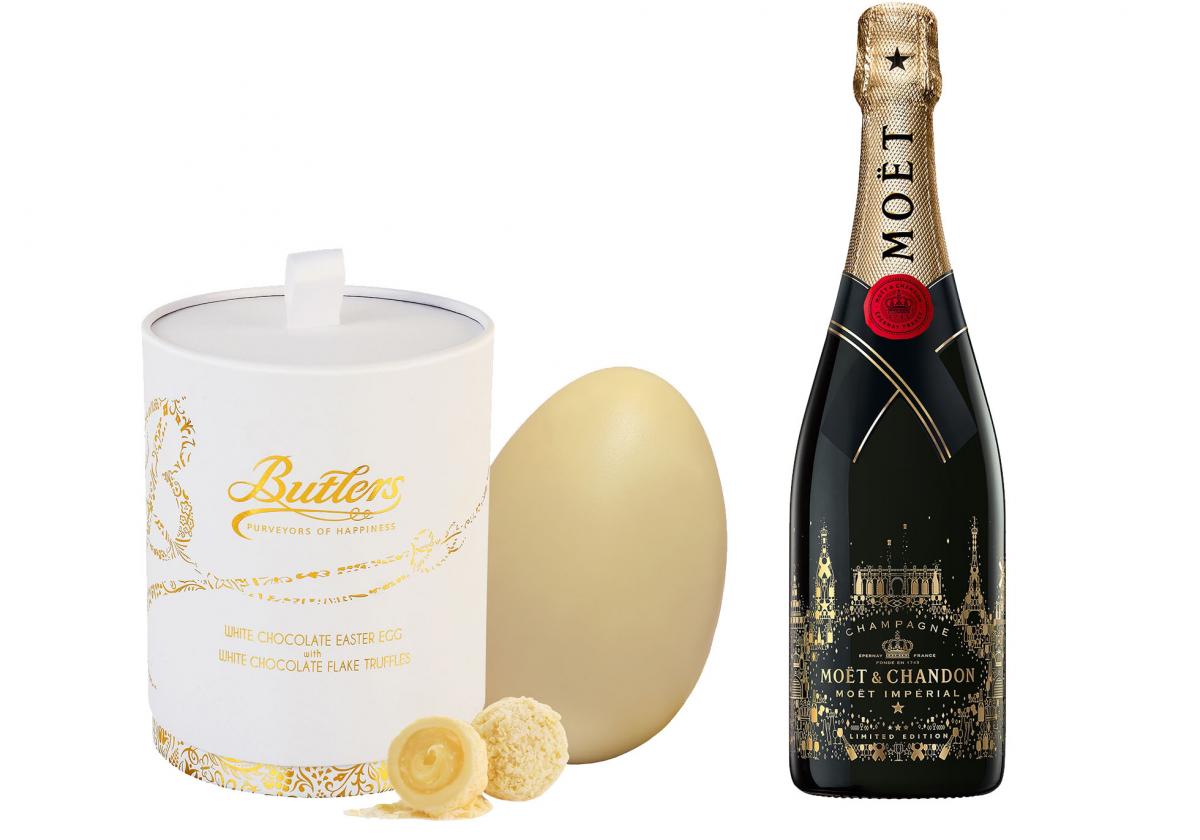 The best composed gift for beloved one for Easter celebration. Elite alcohol and exquisite sweets