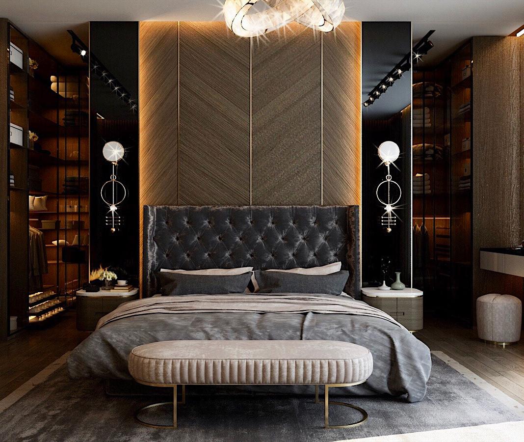 Excellent dark bedroom interior designs. A large bed with many blankets and pillows, accessories and a huge window, all to create comfort