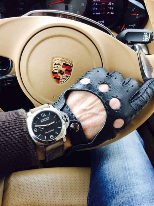 The main detail of the image of a man is accessories. Choose men's gloves for driving correctly