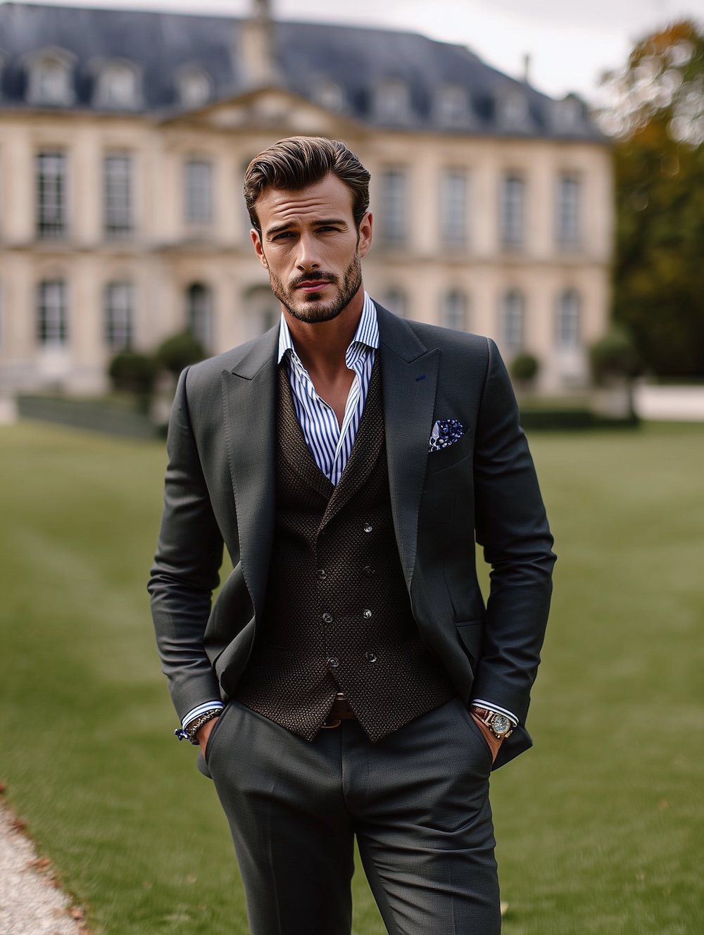 gentleman in grey suit and brown vest
