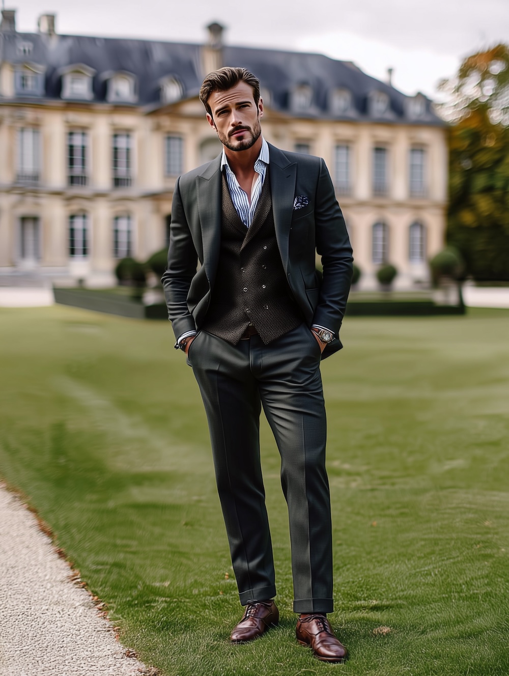 gentleman in grey suit brown vest brown shoes