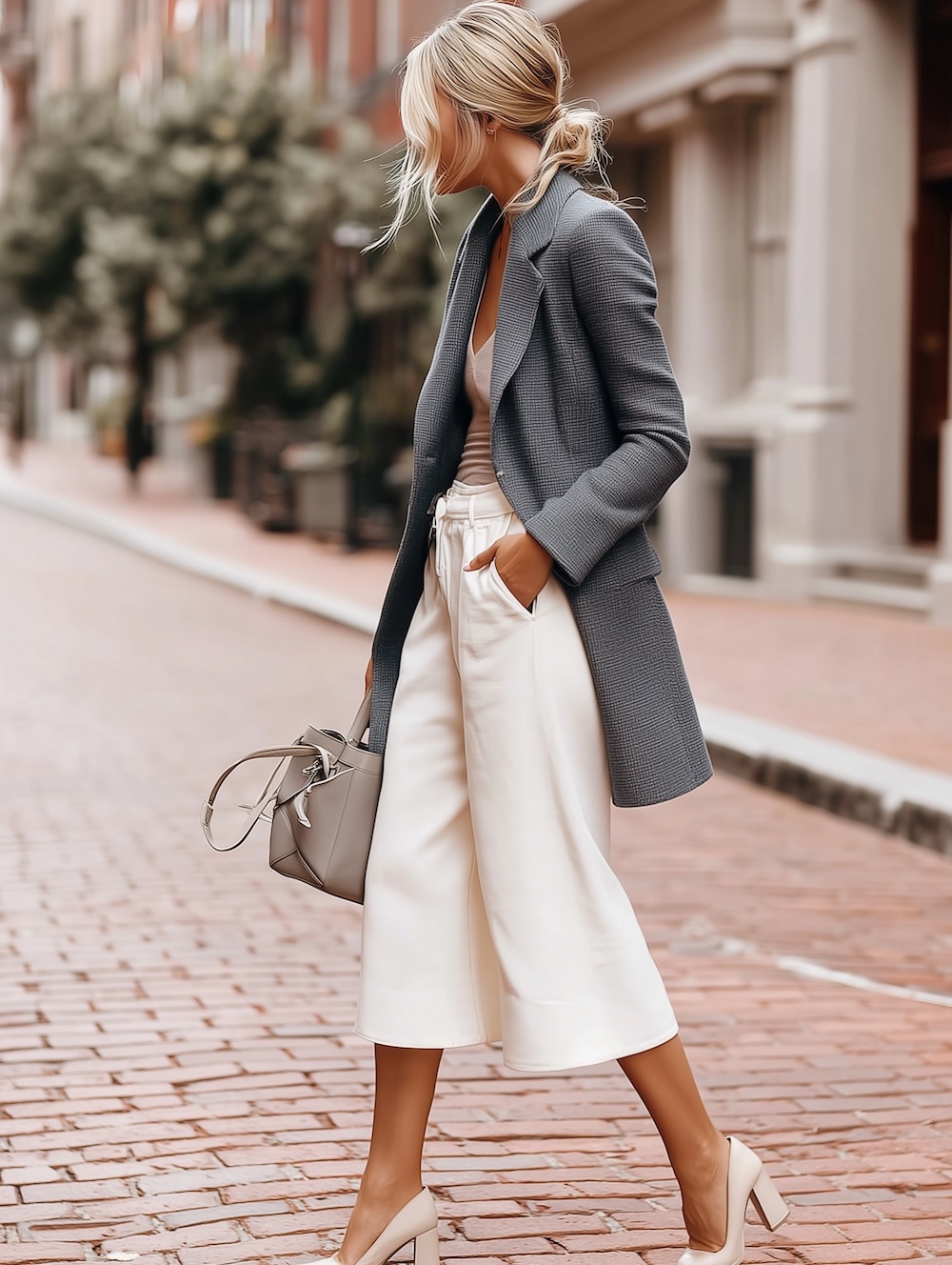 Brown V Neck Top with Cropped Wide Leg Trousers