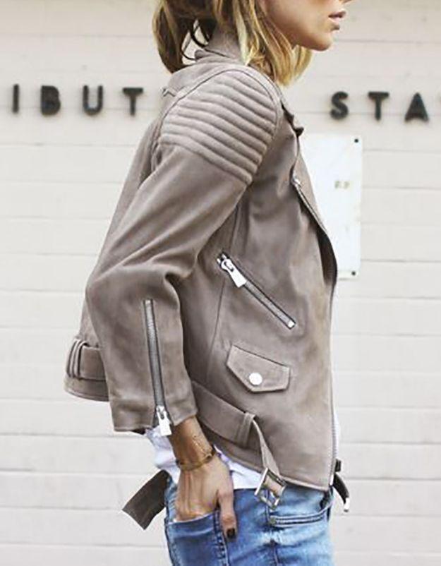 The brown suede jacket is a classic choice to go with anything